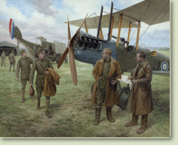 'Replacements' - WW1 Royal Flying Corps BE2e pilots and observers - Aviation Art by Graham Turner