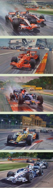 F1 Grand Prix cards featuring Hamilton, Massa, Vettel, Alonso and Kubica - from Motorsport paintings by Michael Turner