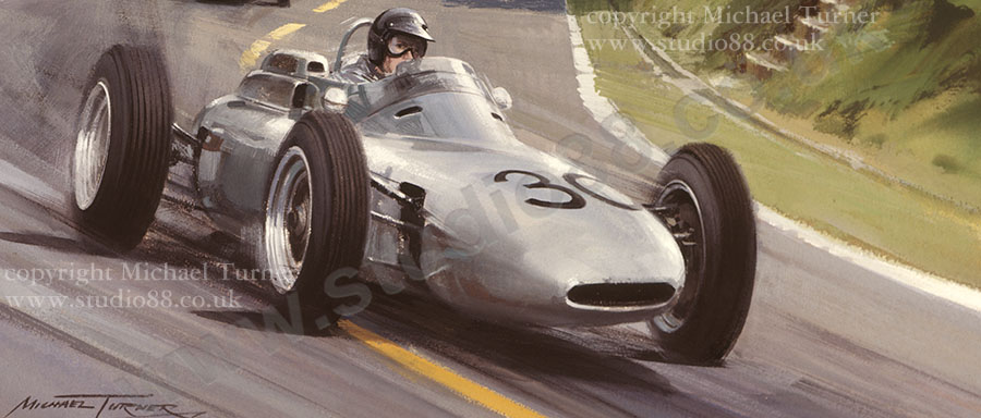 Detail from print of Dan Gurney, Porsche, 1962 French Grand Prix, by Michael Turner