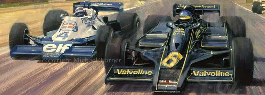 Detail from print of Ronnie Peterson, Lotus, 1978 South African Grand Prix, by Michael Turner