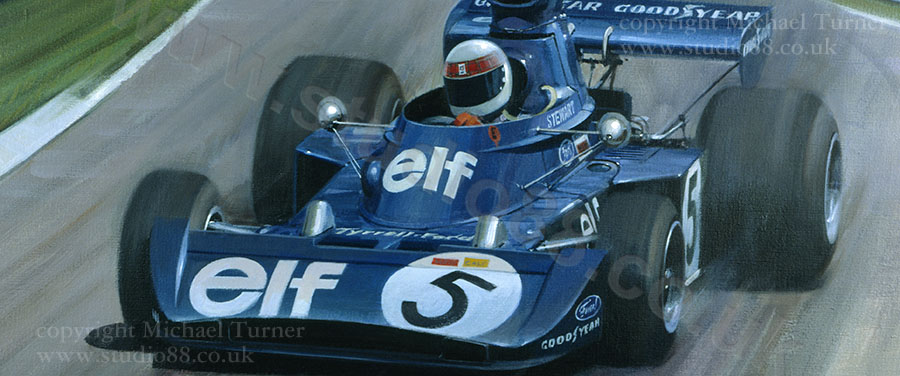 Detail from print of Jackie Stewart, Tyrrell, 1973 German Grand Prix, by Michael Turner
