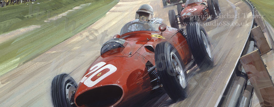 Detail from print of Phil Hill Ferrari in 1960 Italian Grand Prix by Michael Turner