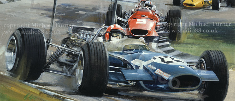 Detail from print of Jo Siffert, Lotus 49, 1968 British Grand Prix, by Michael Turner