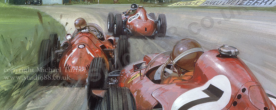 Detail from print of Fangio passing Collins and Hawthorn during the 1957 German Grand Prix by Michael Turner