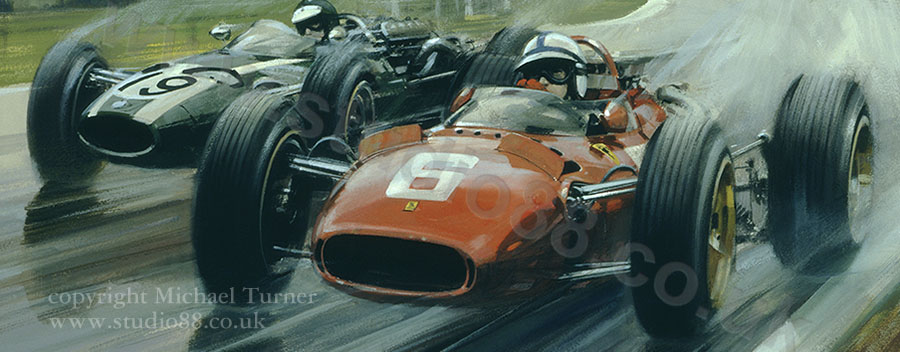 Detail from print of Surtees and Rindt, 1966 Belgian Grand Prix, by Michael Turner