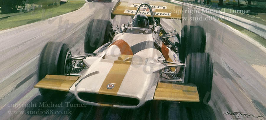 Detail from print of Pedro Rodriguez, BRM, 1970 Belgian Grand Prix, by Michael Turner