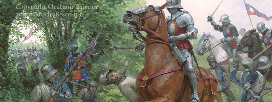 Yorkist horsemen deliver the decisive blow at the Battle of Tewkesbury, 1471 - Detail from a painting by Graham Turner