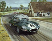 1955 Le Mans, Mike Hawthorn, Jaguar D-type - Motorsport Art Print by Michael Turner