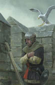 'Bleak Outpost' - Lancastrian sentry in Northumberland castle during the Wars of the Roses - print from a painting by Graham Turner