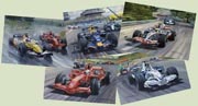 F1 Grand Prix cards featuring Hamilton, Massa, Heidfeld, Webber and Kovalainen - Motorsport Art by Michael Turner