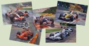 F1 Grand Prix cards featuring Hamilton, Massa, Vettel, Alonso and Kubica - from Motorsport paintings by Michael Turner