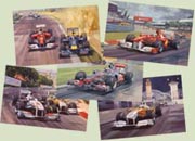 F1 Grand Prix cards featuring Vettel, Button, Alonso, Di Resta and Kobayashi - from motorsport paintings by Michael Turner