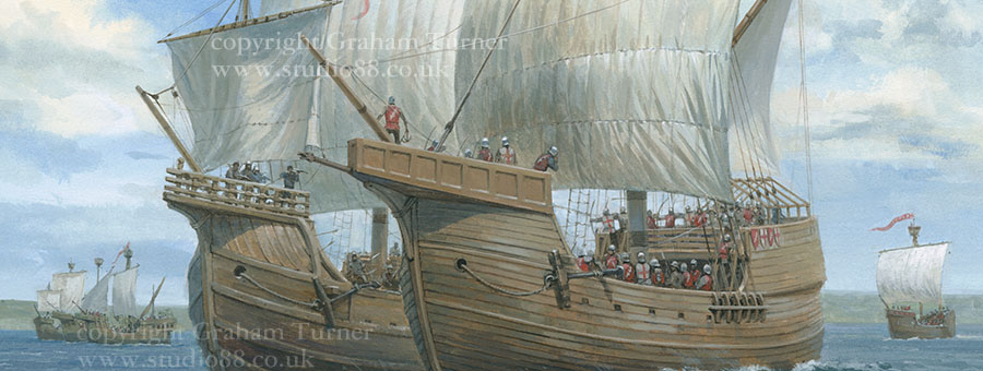 Detail from Keeper of the Seas - painting by Graham Turner of the Earl of Warwick's ships in action in the Channel