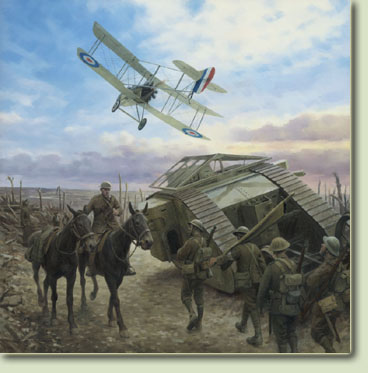 'Dawn of the Machines' - DH2, tank and mules at the Battle of Flers - WW1 art print by Graham Turner