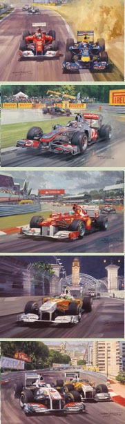 F1 Grand Prix cards featuring Vettel, Button, Alonso, Di Resta and Kobayashi - from motorsport paintings by Michael Turner