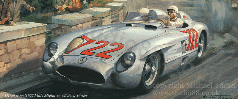 Detail from 1955 Mille Miglia - Stirling Moss signed art print by Michael Turner