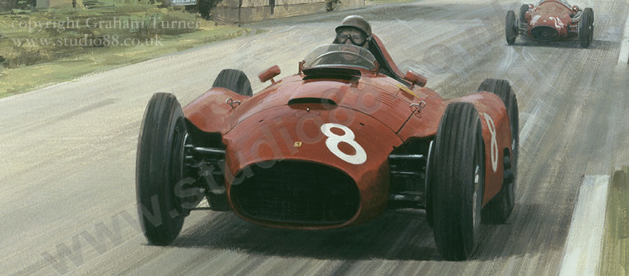 Detail from print of the 1956 Belgian Grand Prix, Spa, Peter Collins, Ferrari