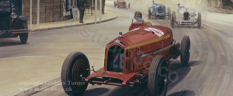 Detail from print of Tazio Nuvolari in the Alfa Romeo during the 1932 Monaco Grand Prix