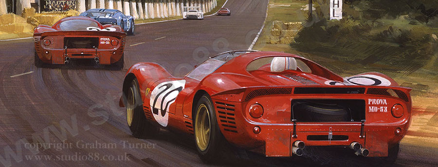 Detail from print of Chris Amon, Ferrari P4, 1967 Le Mans