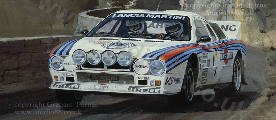 Detail from print of Walter Rohrl, Lancia 037, 1983 Monte Carlo Rally, by Michael Turner