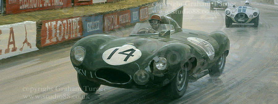 Detail from print of Duncan Hamilton, D type Jaguar, 1954 Le Mans