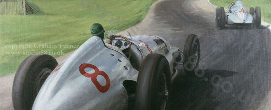 Detail from print of Dick Seaman in the Mercedes during the 1938 Donington Grand Prix