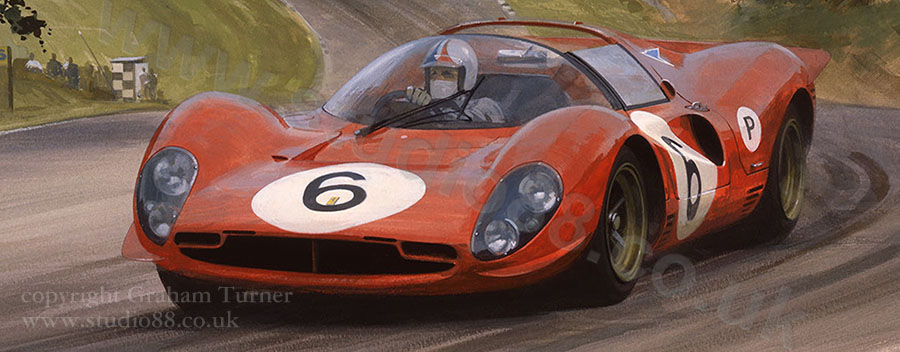 Detail from print of Chris Amon, Ferrari 330 P4, 1967 Brands Hatch