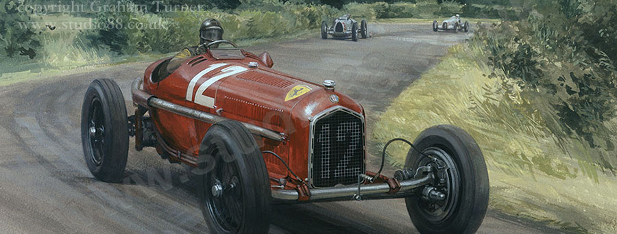 Detail from print of Tazio Nuvolari in the Alfa Romeo P3 during the 1935 German Grand Prix