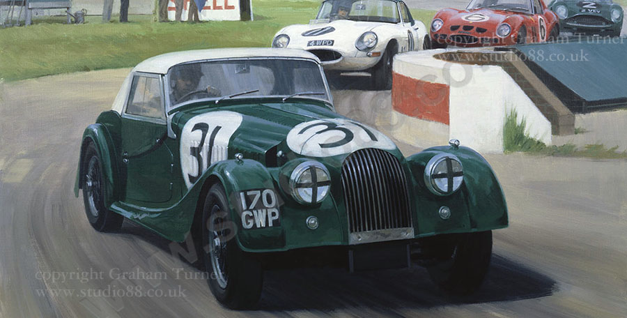Detail from print of Morgan, 1962 Goodwood TT