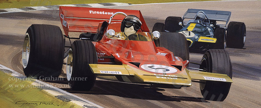 Detail from print of Jochen Rindt in the Lotus 72 at the 1970 British Grand Prix, Brands Hatch