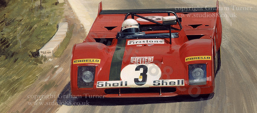 Detail from print of the 1972 Targa Florio, Ferrari 312P, Munari, Merzario