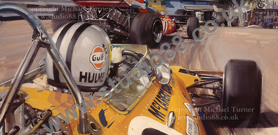 Detail from print of Denny Hulme, McLaren, 1971 Monaco Grand Prix, by Michael Turner