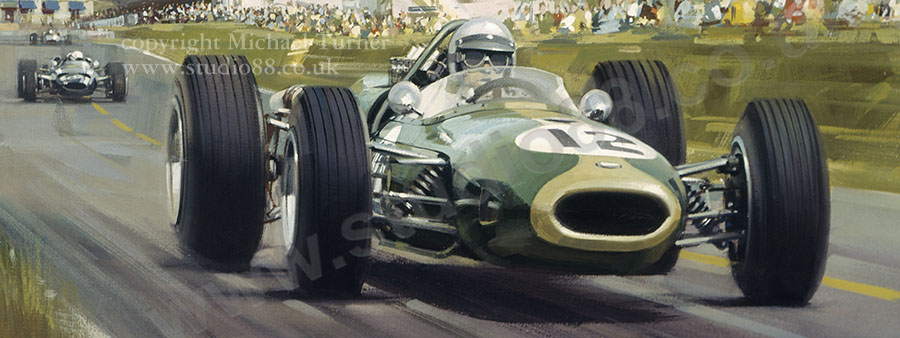 Detail from print of Jack Brabham, 1966 French Grand Prix, by Michael Turner