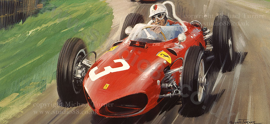 Detail from print of Von Trips Ferrari in 1961 Dutch Grand Prix by Michael Turner