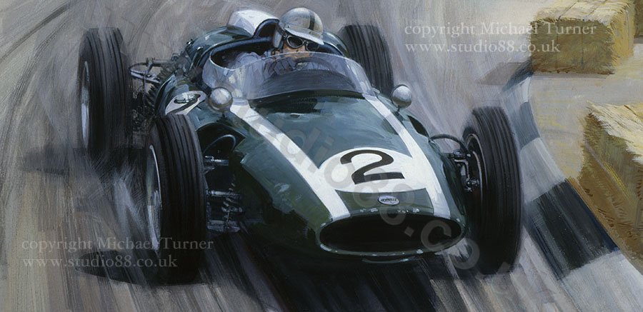 Detail from print of Brabham in 1960 Portuguese Grand Prix by Michael Turner