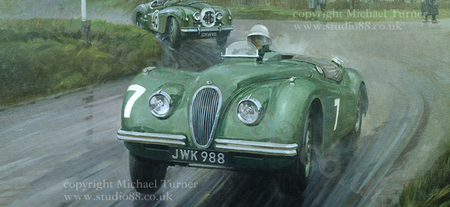 Detail from print of Stirling Moss, Jaguar XK120, 1950 Dundrod TT