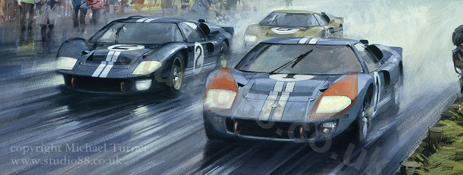 Detail from print of the winning Fords at Le Mans 1966 by Michael Turner