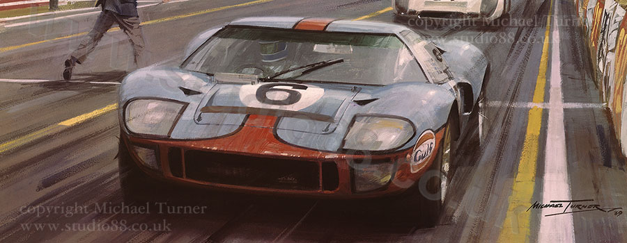 Detail from print of finish of 1969 Le Mans by Michael Turner