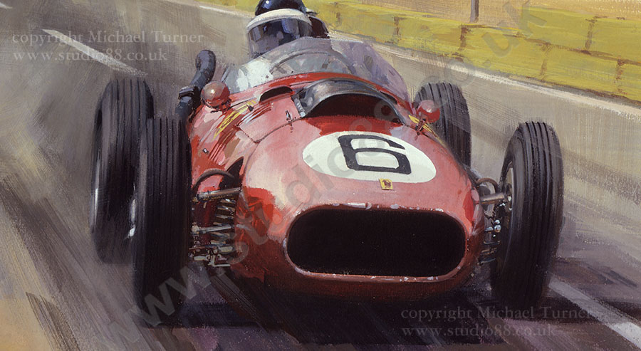 Detail from print of Hawthorn Ferrari in 1957 Moroccan Grand Prix by Michael Turner