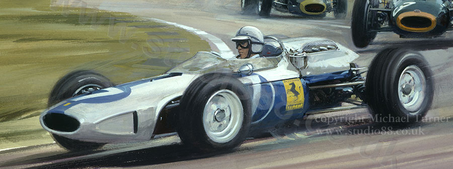 Detail from print of John Surtees, Ferrari, 1964 US Grand Prix, by Michael Turner
