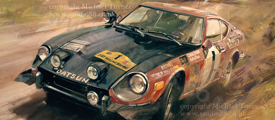 Detail from print of Shekhar Mehta, Datson 240Z, 1973 Safari Rally, by Michael Turner