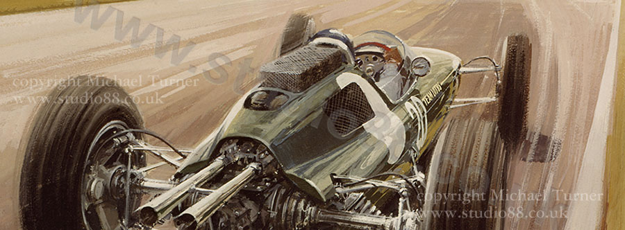Detail from print of Jim Clark, Lotus 25, 1962 British Grand Prix, by Michael Turner