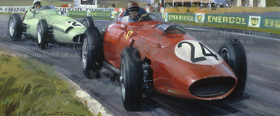 Detail from print of Brooks Ferrari in 1959 French Grand Prix by Michael Turner