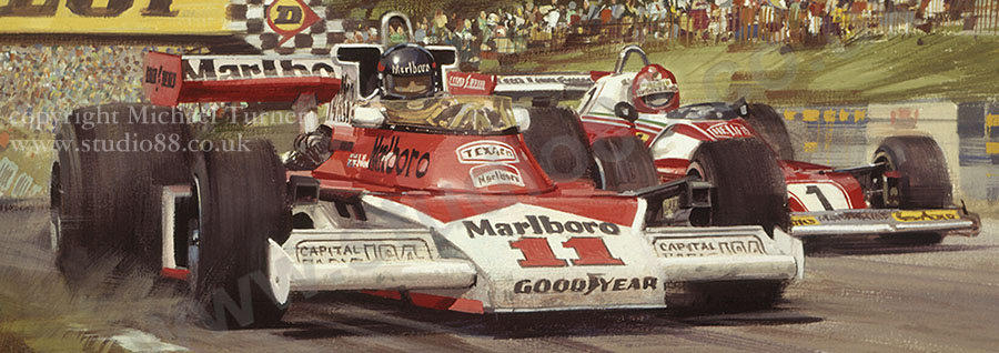 Detail from print of James Hunt, McLaren, 1976 British Grand Prix, by Michael Turner
