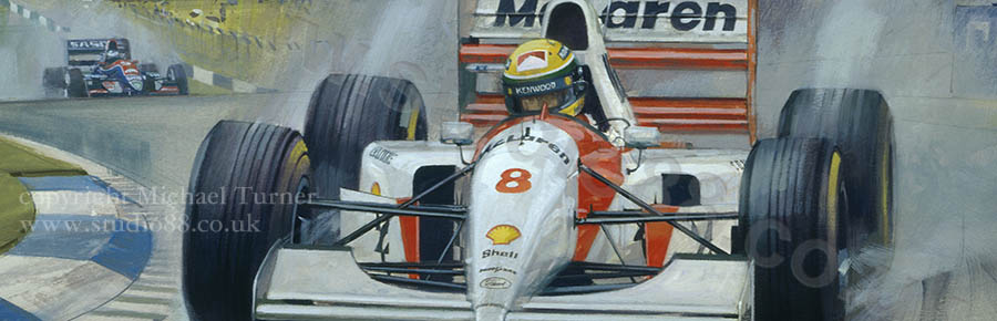Detail from print of Ayrton Senna, McLaren, 1993 European Grand Prix, by Michael Turner