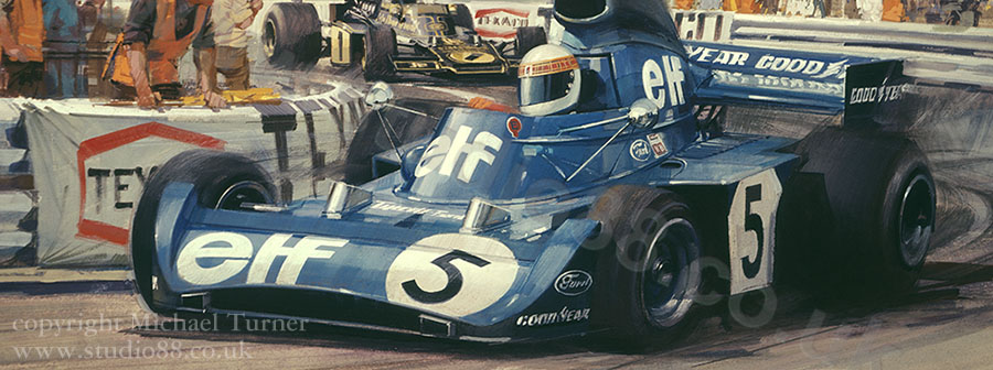 Detail from print of Jackie Stewart, Tyrrell, 1973 Monaco Grand Prix, by Michael Turner