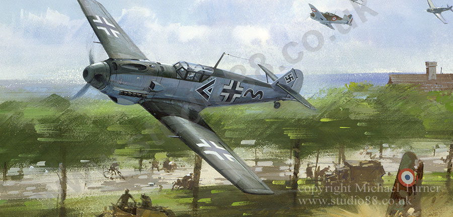 Detail from an aviation painting by Michael Turner showing Werner Moelder, Messerschmitt 109