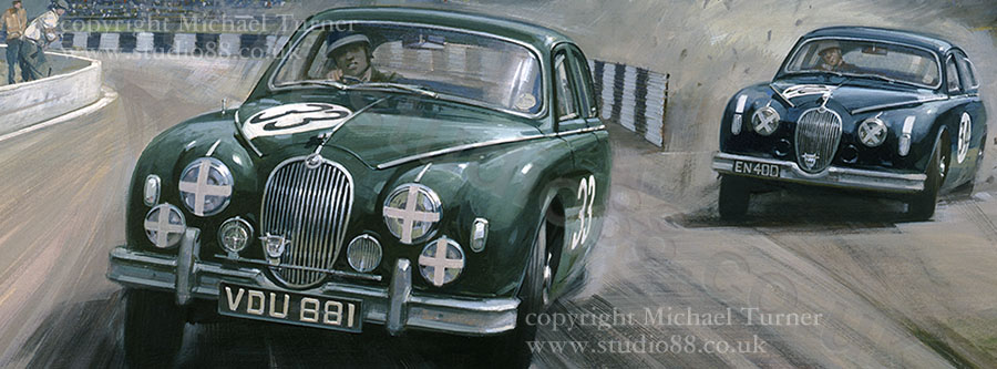 Detail from print of Hawthorn in Jaguar Mk.1 by Michael Turner