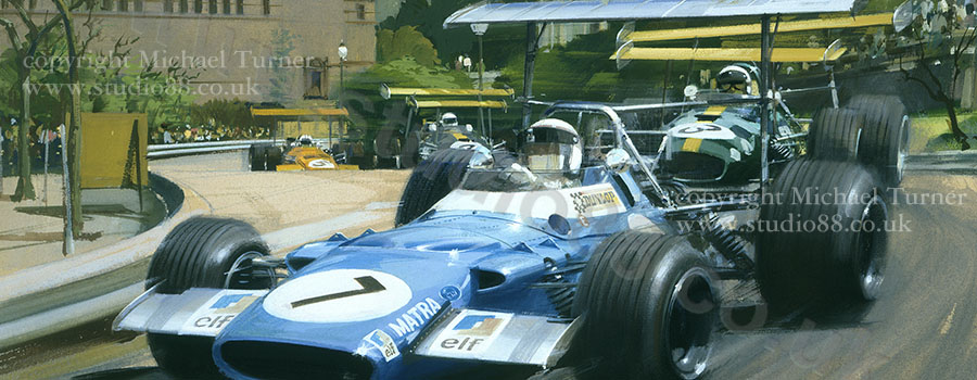 Detail from print of Jackie Stewart, Matra, 1969 Spanish Grand Prix, by Michael Turner