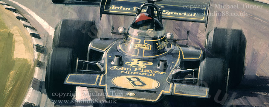 Detail from print of Emerson Fittipaldi, Lotus 72, 1972 British Grand Prix, by Michael Turner